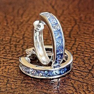 $3950 / NEW / Designer JCL - Ombre Blue Sapphire 14K Gold Hoop Earrings